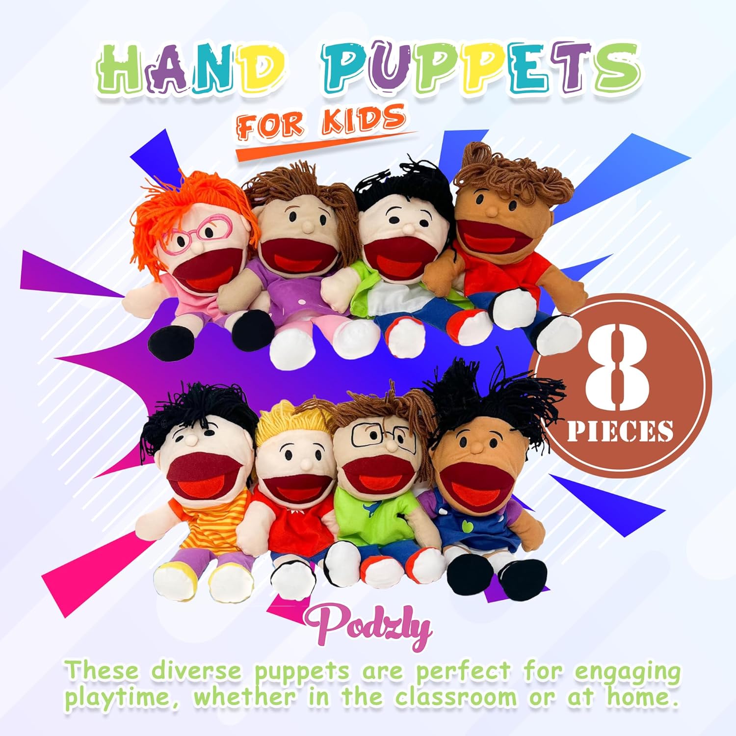 8 marionetas de mano para niños, juego de titiriteros multiculturalismo de felpa con bocas móviles, crea espectáculos de marionetas tontos que