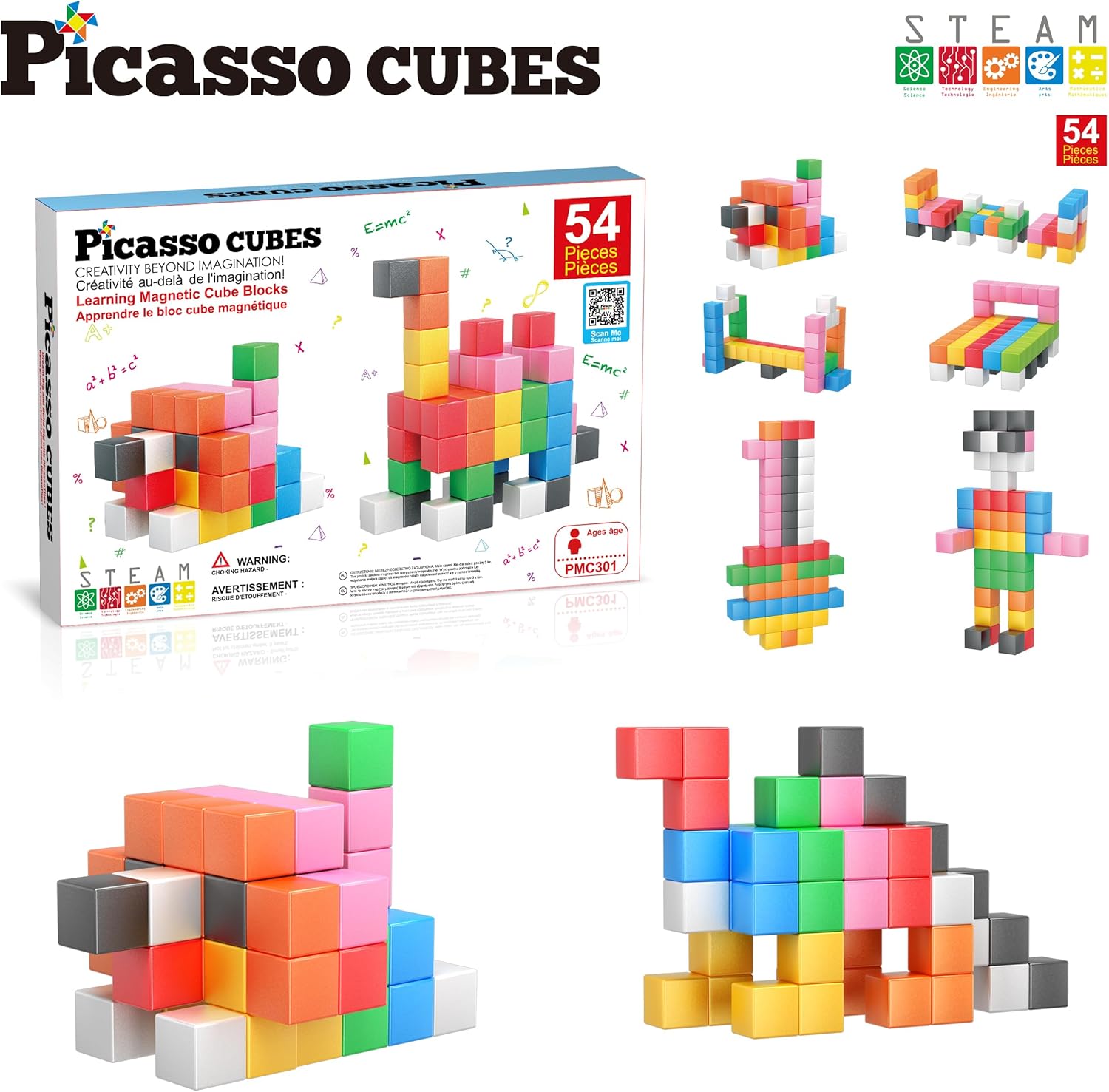 PicassoTiles Bloques de construcción de cubos magnéticos, 54 piezas de 1.2 pulgadas de 1.2 in, cubos magnéticos, juguete de construcción, juguetes