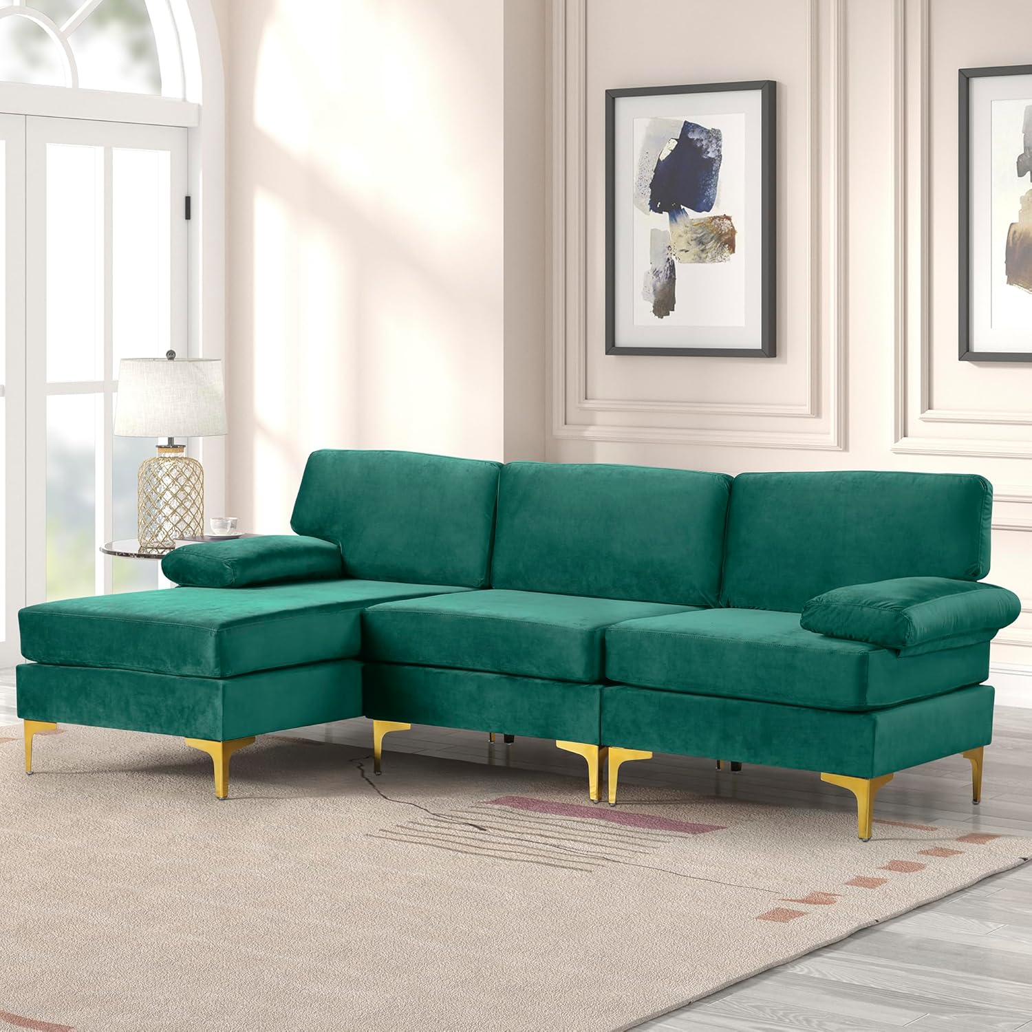 Sofá modular moderno en forma de L, con diván extra ancho y patas doradas