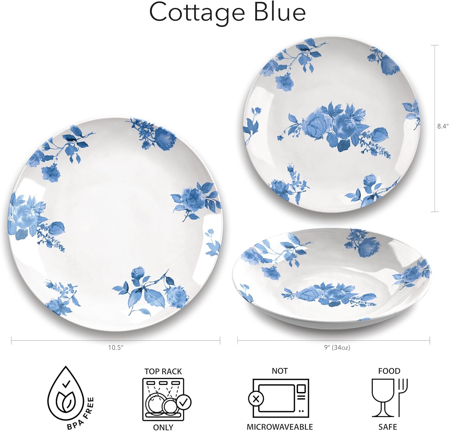TarHong Abode Homewares Cottage – Plato de ensalada floral azul, 8.4 pulgadas, melamina pura, interiorexterior, azul floral, juego de 6