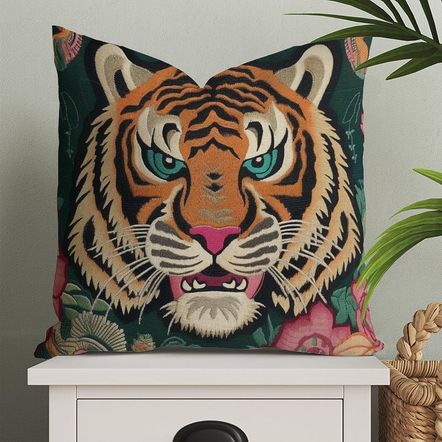 Funda de almohada con estampado de tigre, color rosa, verde y turquesa, negro, funda de almohada colorida de animales chinoiserie, 18 x 18 pulgadas,