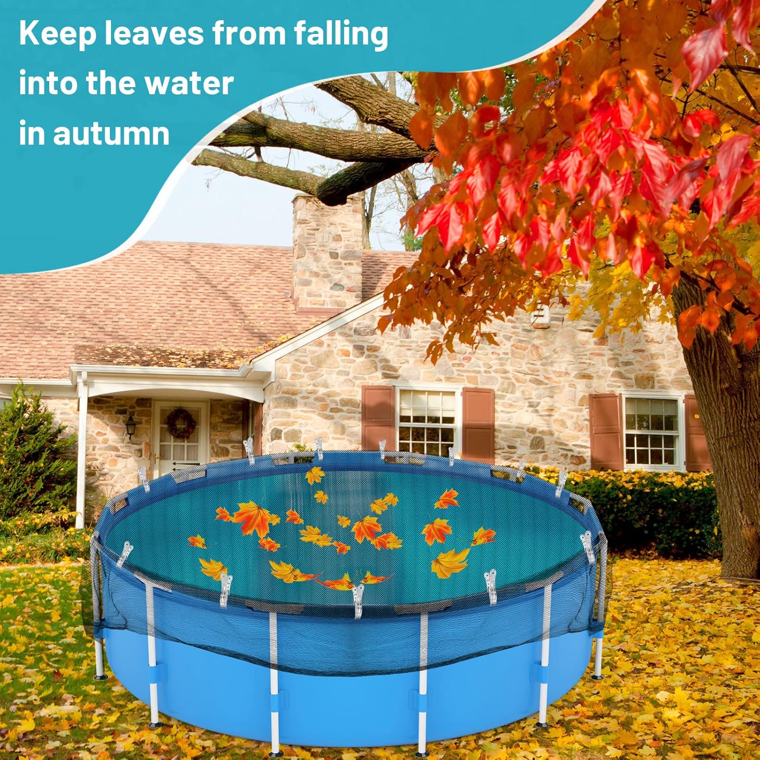 Cubierta de red de hojas para piscina sobre el suelo, cubierta de malla de invierno con 12 clips de cubierta de piscina para piscina sobre el suelo,