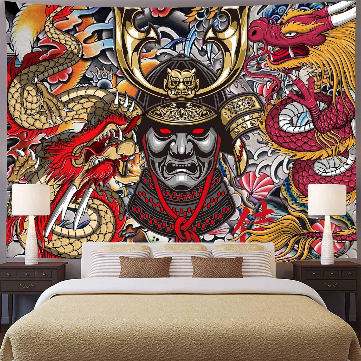 Aidatain Tapiz samurái japonés de anime Oni para colgar en la pared, diseño estético de dragón japonés de franela grande de 80 pulgadas y 60