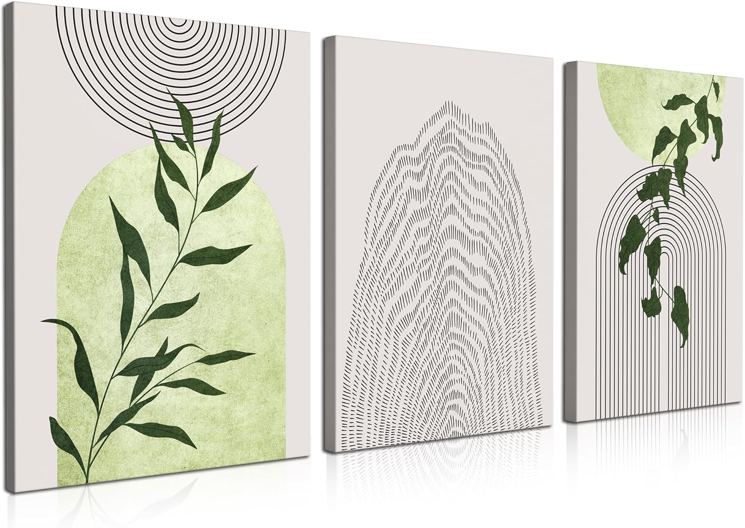 Juego de 3 lienzos de pared en lienzo verde salvia, arte de pared bohemio enmarcado de mediados de siglo, arte de pared moderno minimalista