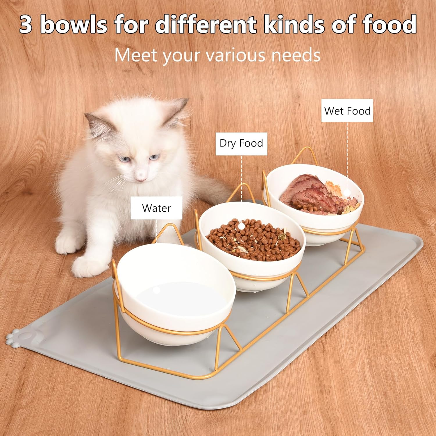 Trosetry Juego de 3 cuencos de cerámica elevados para gatos con alfombrilla de comida para mascotas, cuenco elevado de 15 inclinado para bebidas