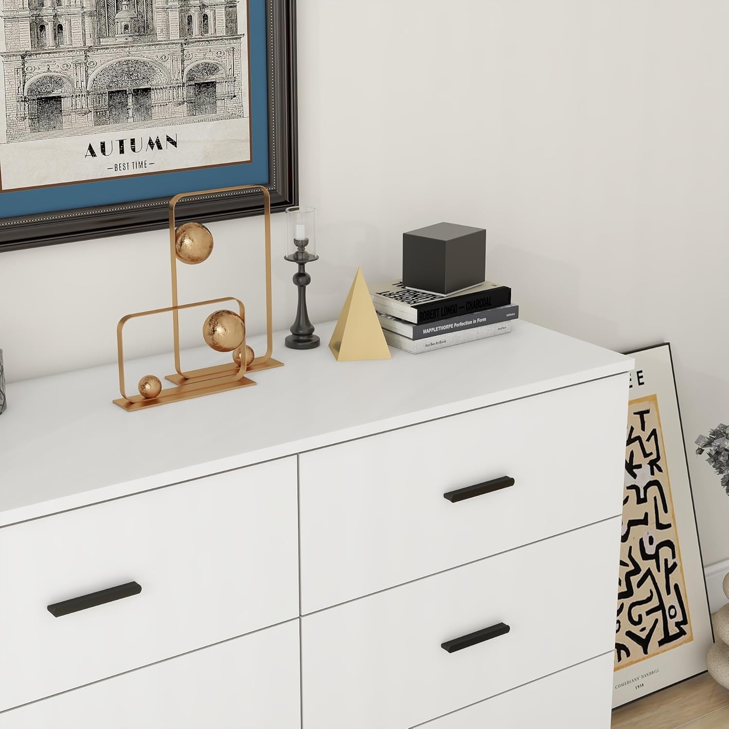 Cómoda moderna de 6 cajones para dormitorio, cómoda ancha de madera para almacenamiento en el suelo, organizador de cajones laterales con asas de