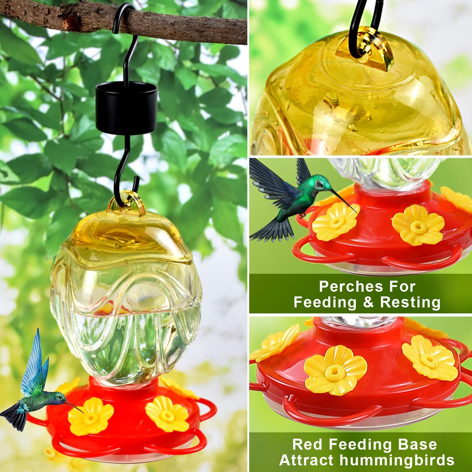 Comederos de vidrio para colibríes para colgar al aire libre, 15 onzas, sellados y a prueba de fugas, fáciles de limpiar y llenar, con foso de