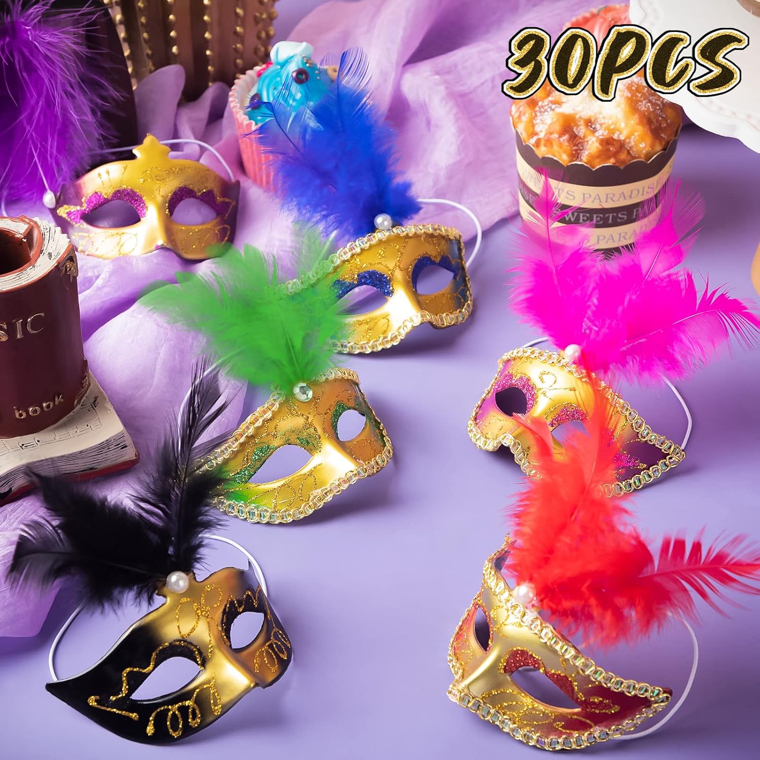 30 piezas de mini máscaras de máscaras, mini máscaras con plumas para decoración de pasteles, Mardi Gras, para cupcakes, máscaras en miniatura para