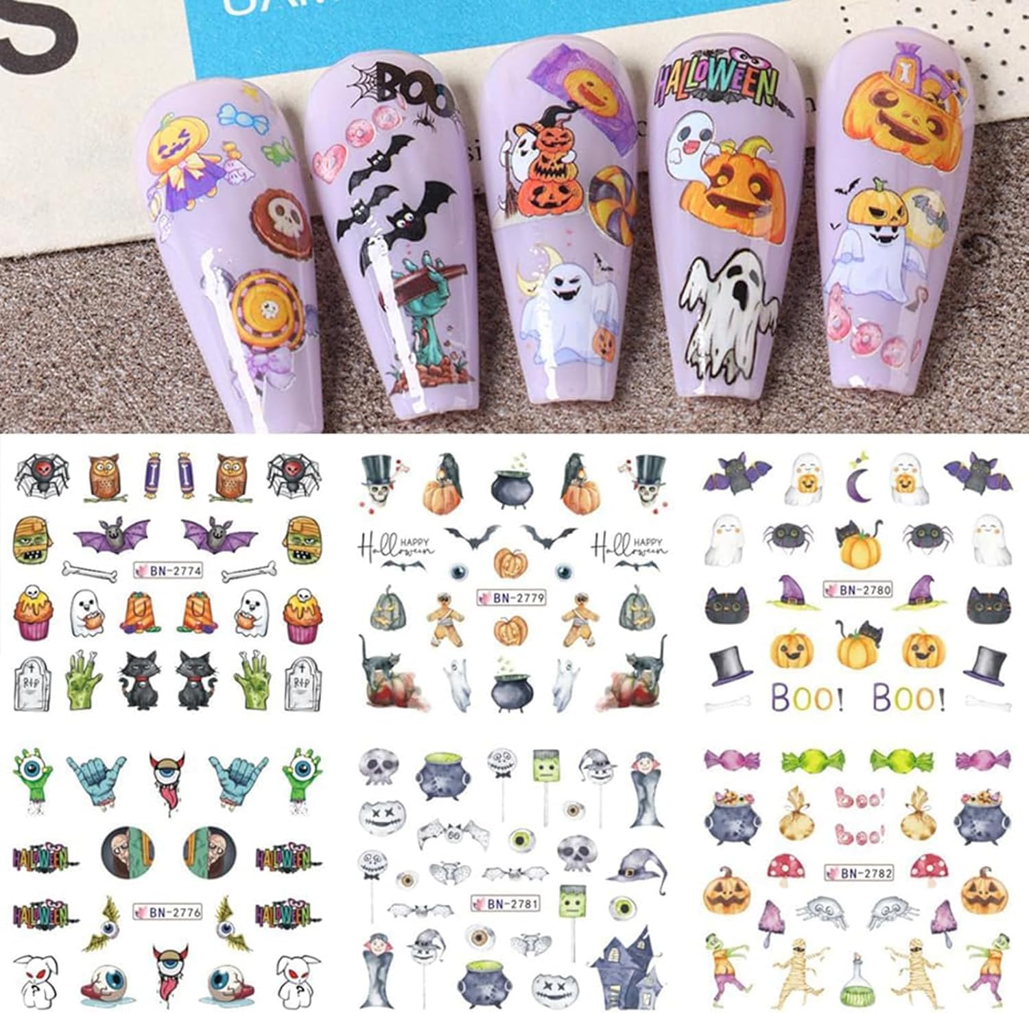 Calcomanías de arte de uñas de Halloween, 12 hojas de calcomanías de transferencia de agua para Halloween, calabaza, fantasma, araña, bruja,
