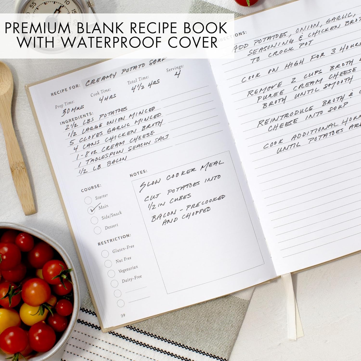 ZICOTO Libro de recetas estético en blanco con cubierta impermeable, el cuaderno de recetas perfecto para escribir en tus propias recetas, libro de