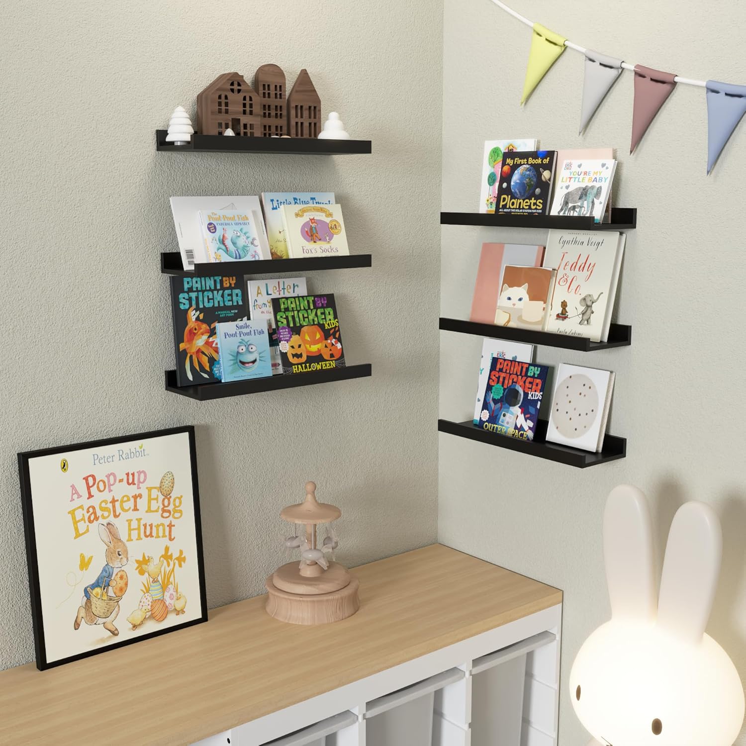 DOLLFIO Juego de 6 estantes flotantes, estantes de pared negros con labio, estantes de exhibición para decoración de pared, repisa de imagen moderna