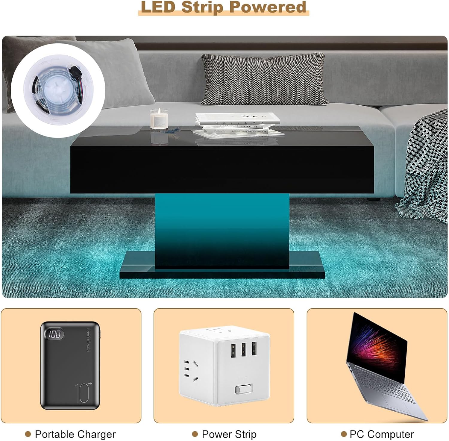 Mesa de centro LED para sala de estar, mesa de centro moderna de alto brillo con luces LED de 16 colores, mesa de centro rectangular inteligente de