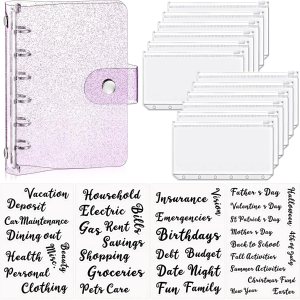 17 piezas de cubierta A7 de PVC suave de 6 anillas, 12 bolsillos para carpeta, tamaño A7, 6 agujeros, cremallera y 4 hojas de calcomanías para 17 piezas de cubierta A7 de PVC suave de 6 anillas, 12 bolsillos para carpeta, tamaño A7, 6 agujeros, cremallera y 4 hojas de calcomanías para