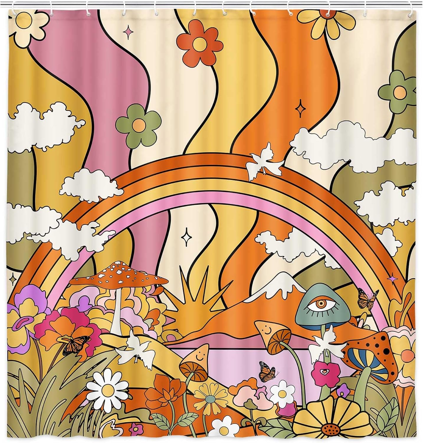 Cortina de ducha estilo japonés, estilo retro, bohemio, con diseño de hongos y flores, estilo japonés, juego de cortina de ducha estética con