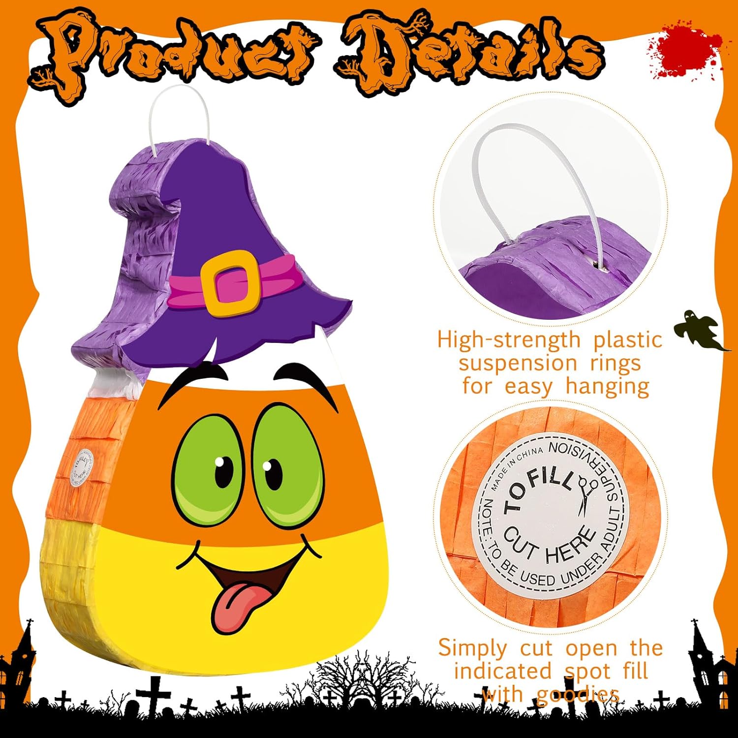 Aoriher Piñata de Halloween con palito y confeti para los ojos vendados, juego de piñata rellena de dulces con temática de Halloween, piñata