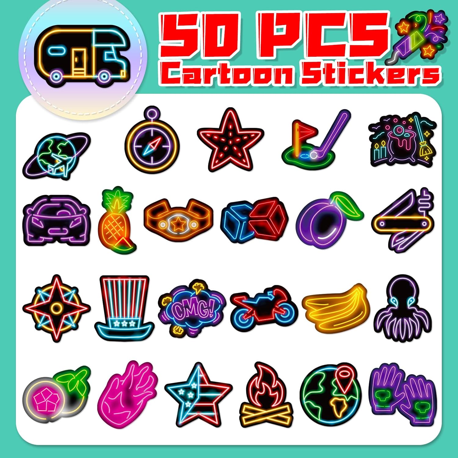 Calcomanías de neón impermeables, 50 unidades para botellas de agua, adultos, adolescentes, niñas, niños, calcomanías de vinilo geniales para