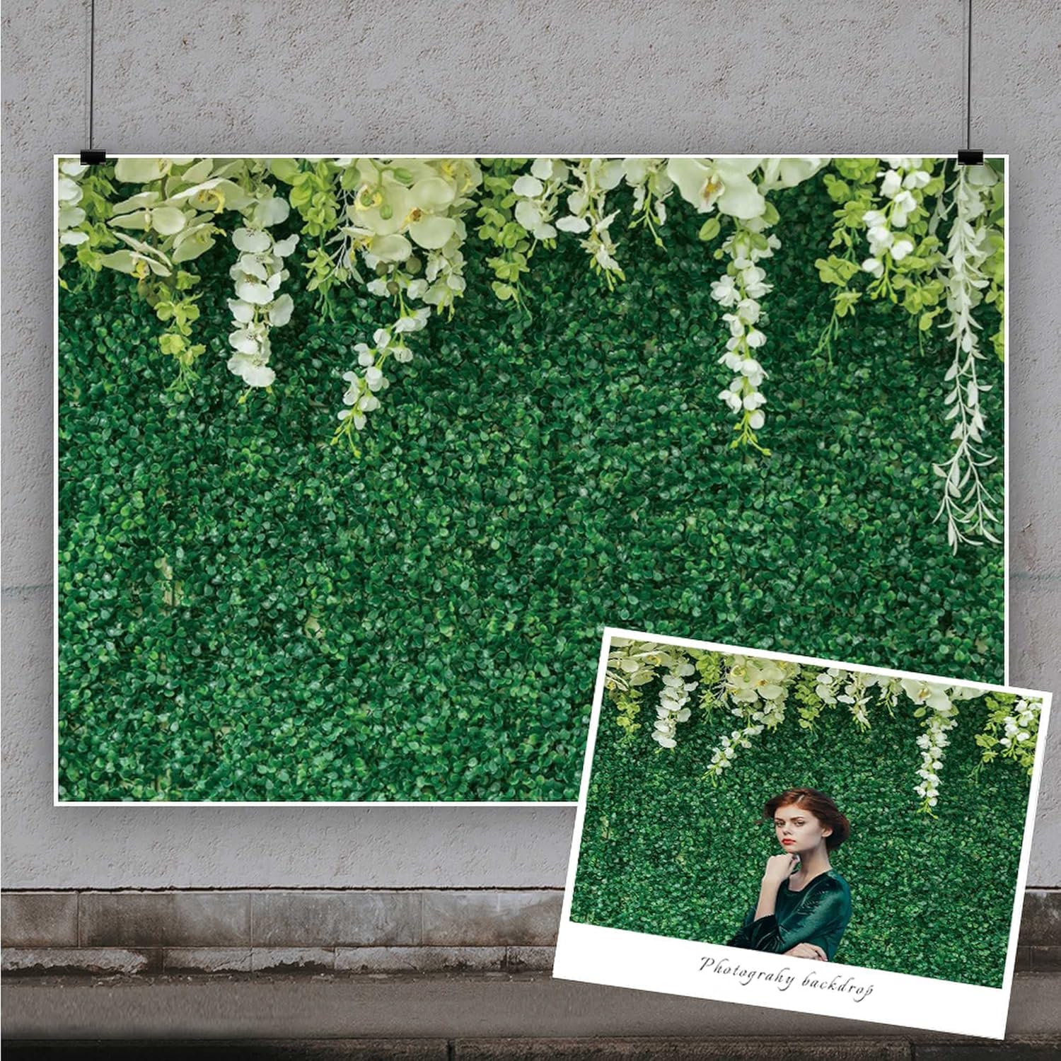 Yeele Telón de fondo de pared de césped verde de 8 x 6 pies, flores blancas, hojas verdes, fondo de fotografía al aire libre, decoración de fiesta