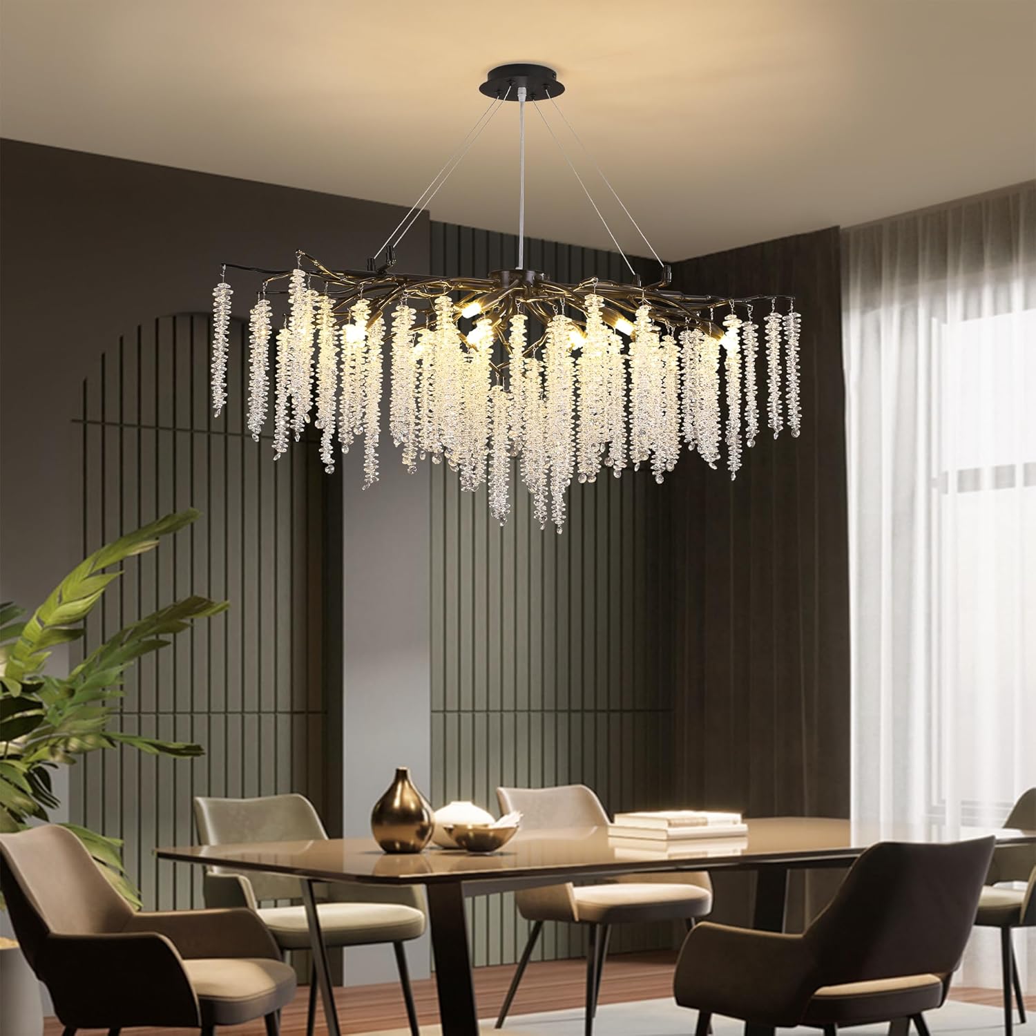Candelabro moderno de ramas de árbol de cristal, color negro, de 42 pulgadas, estilo Art Deco, grande, rectangular, lineal, con gotas de lluvia para