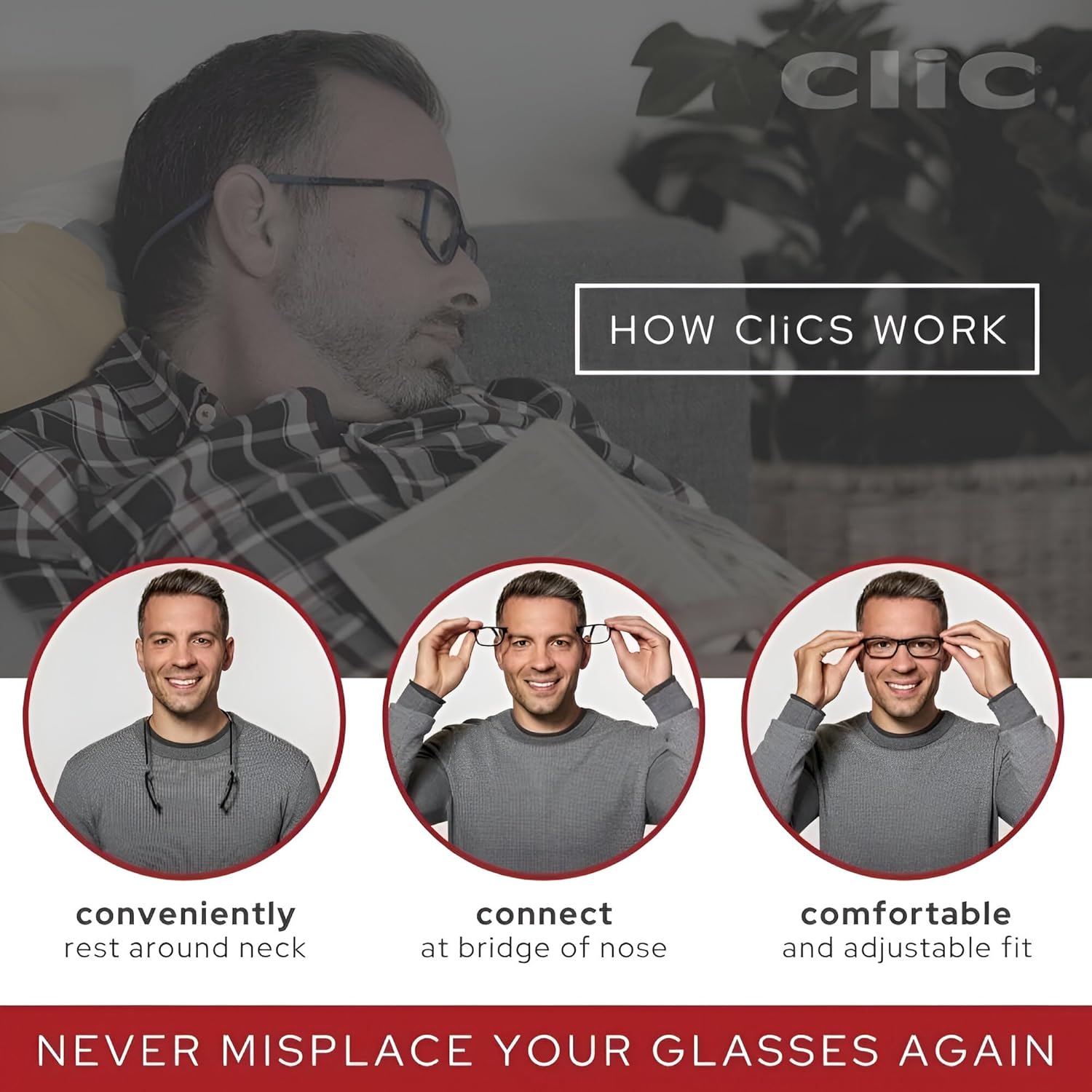 Clic Lentes de lectura magnéticos con bloqueo de luz azul, lectores de computadora con patillas ajustables, expandibles originales (M-XL)
