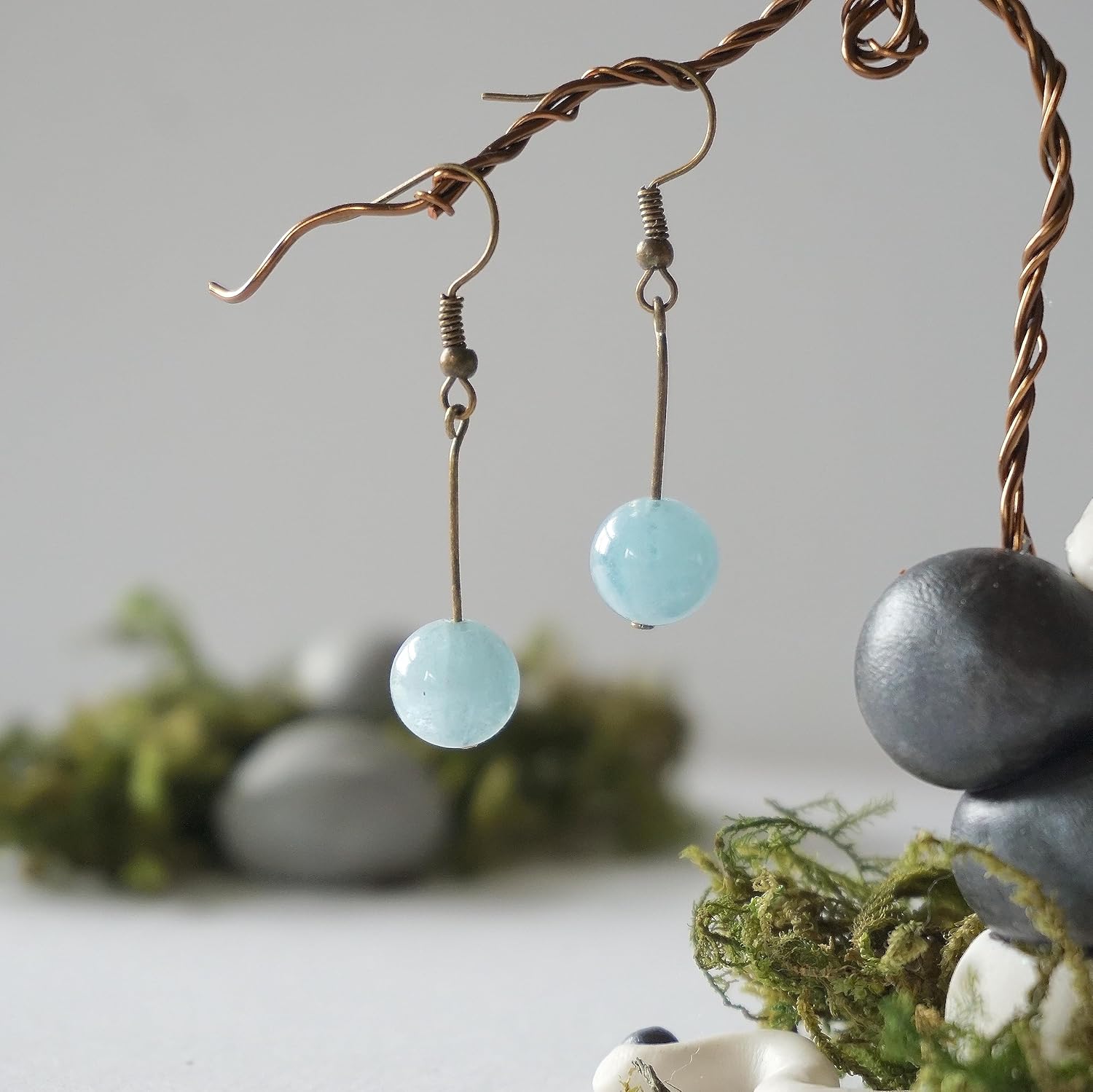Designs by Nature Gems Handmade Womens Genuine Raw Aquamarine Earrings – Comes with 1.5 Antique Bronze and Gift Box, March Birthstone, Mothers Day