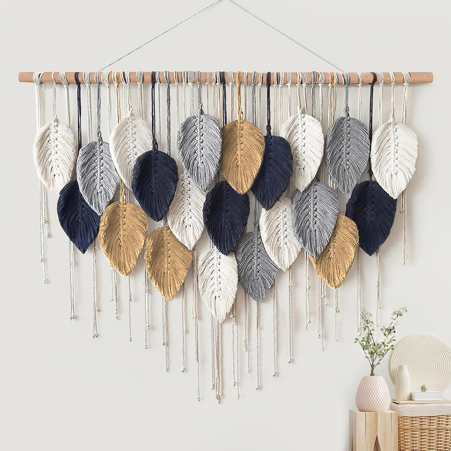 Alynsehom Tapiz de macramé para colgar en la pared, bohemio hecho a mano, elegante decoración de pared para dormitorio, sala de estar, guardería,