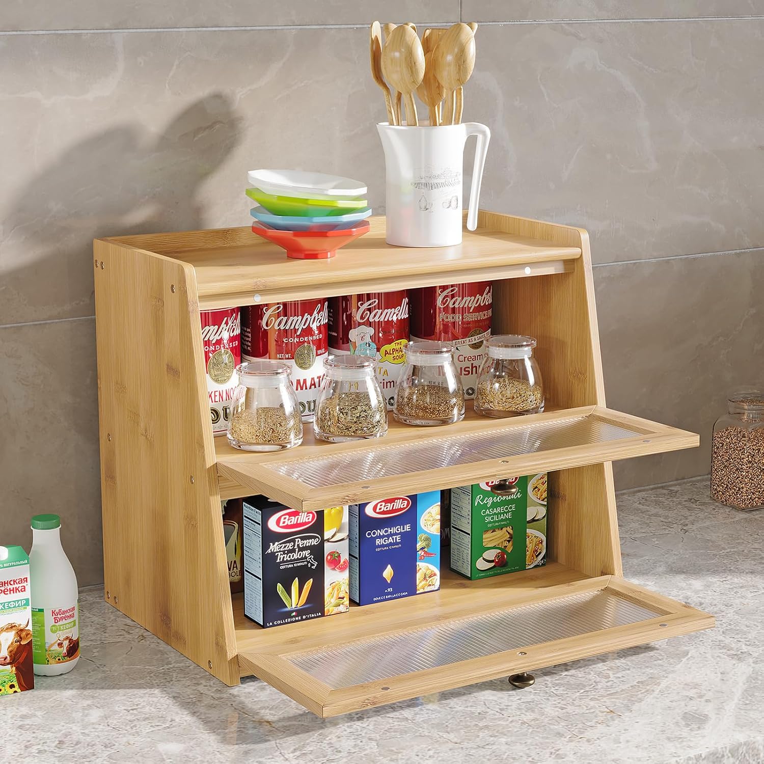 K KELBEL Panera para encimera de cocina, contenedor de almacenamiento de pan de bambú de doble capa de madera de gran capacidad con soporte para pan