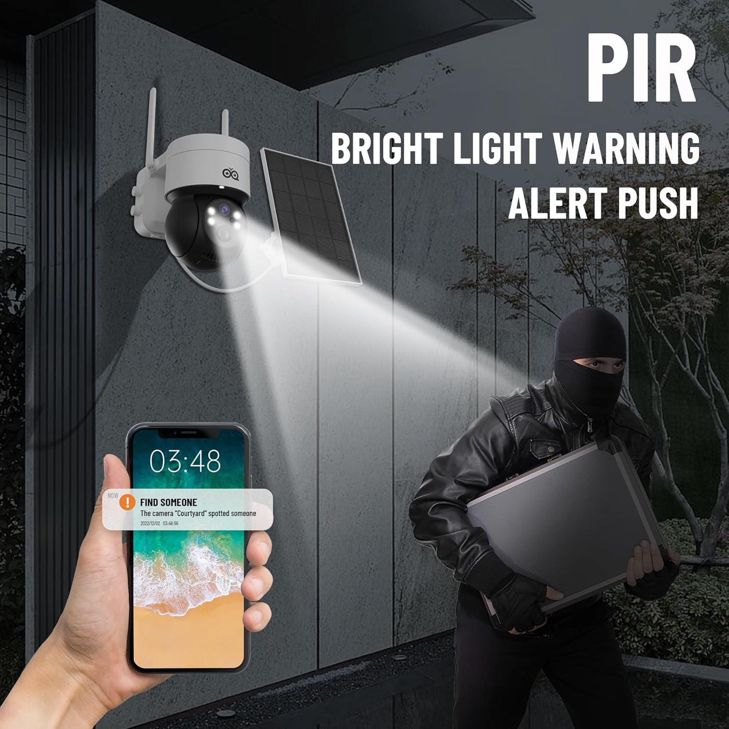 OVQ Cámara de seguridad solar inalámbrica de 4 MP para exteriores, 2.5 K con energía solarbatería para seguridad del hogar, cámara WiFi de 2.4 GHz
