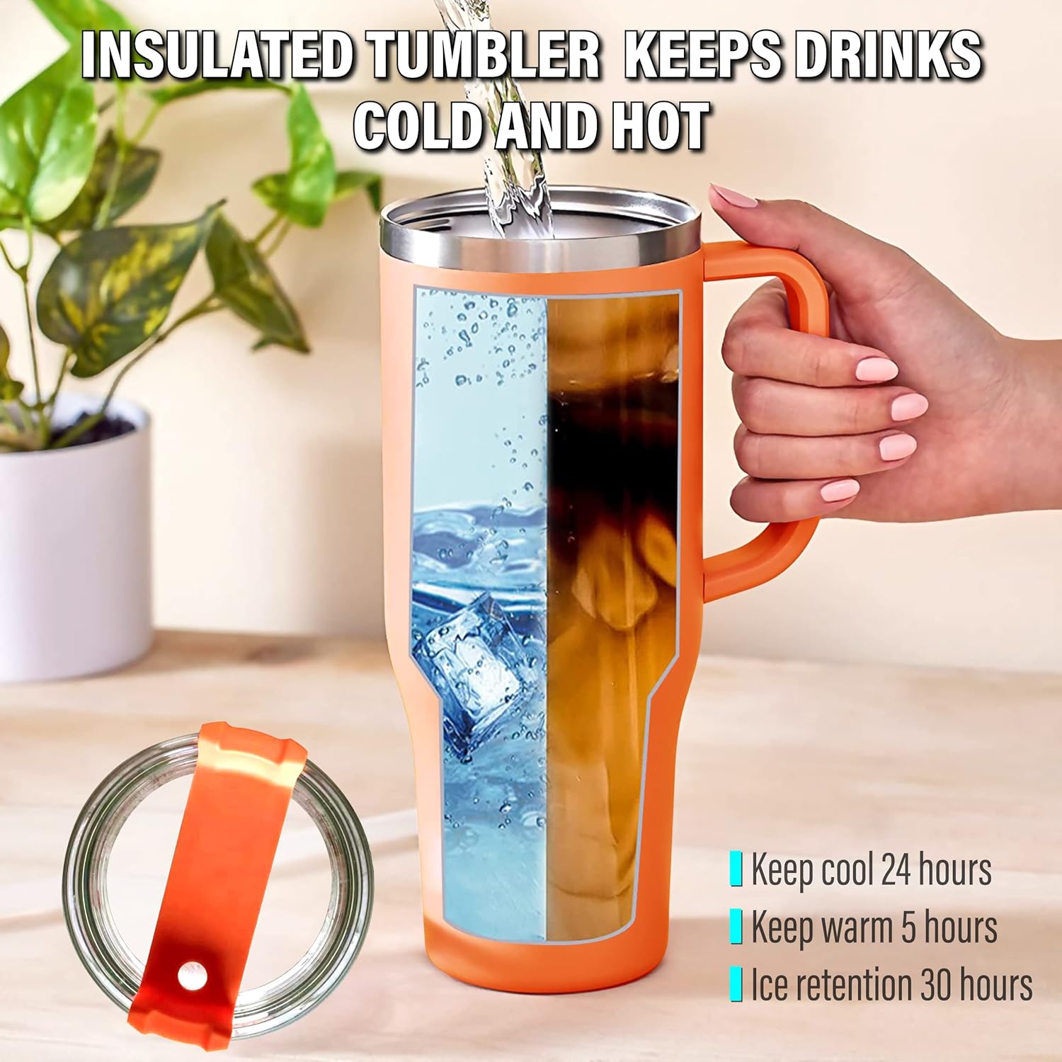 Vaso de 40 onzas con asa y pajita, vaso aislado de viaje para bebidas calientes y frías, termo de viaje, taza de café de acero inoxidable (azul