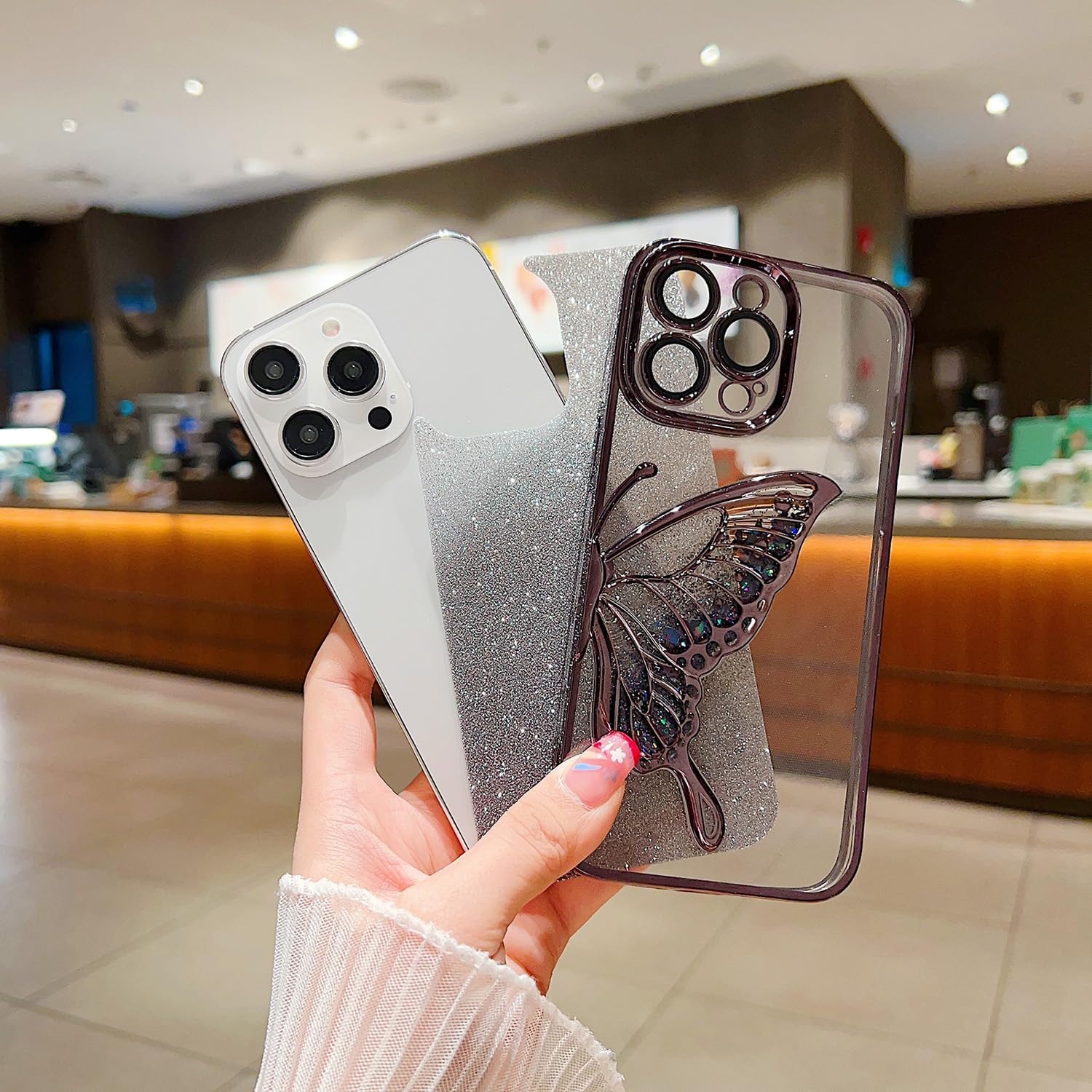 Ownest Funda compatible con iPhone 13 Pro Max con purpurina de lujo, diseño estético chapado en mariposa, protección de cámara, protección de
