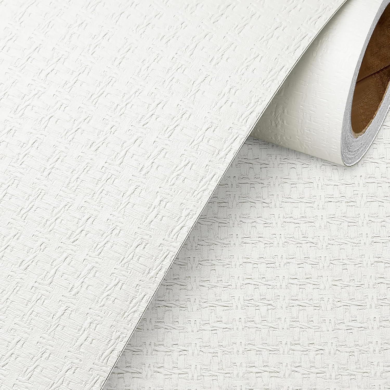 Livelynine Papel tapiz tejido con textura blanca para pegar y pelar, para baño, dormitorio, vinilo prepegado en relieve, papel tapiz autoadhesivo
