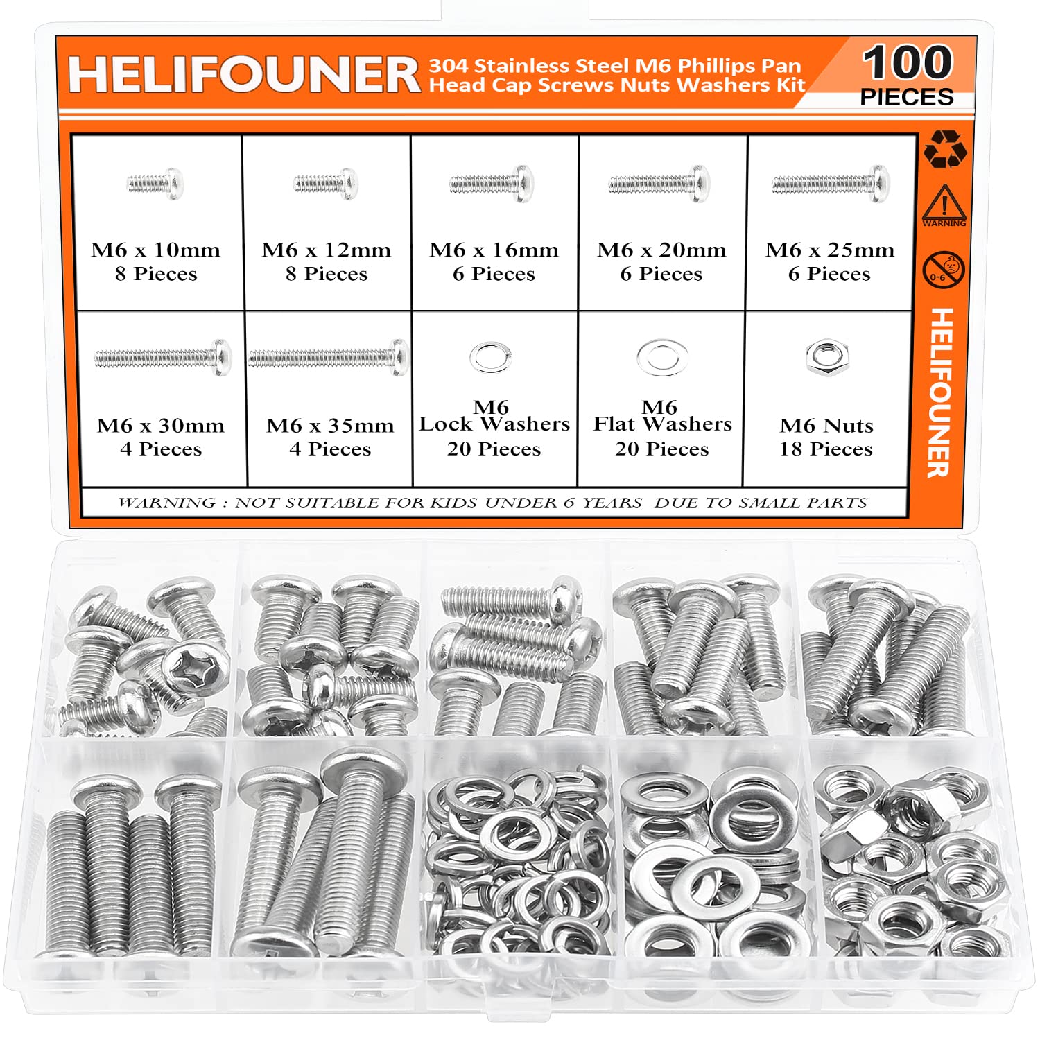 100 piezas M6 x 0.394 in 0.472 in 0.630 in 0.787 in 0.984 in 1.181 in 1.378 in, tornillos métricos, tornillos métricos, arandelas, tuercas, acero