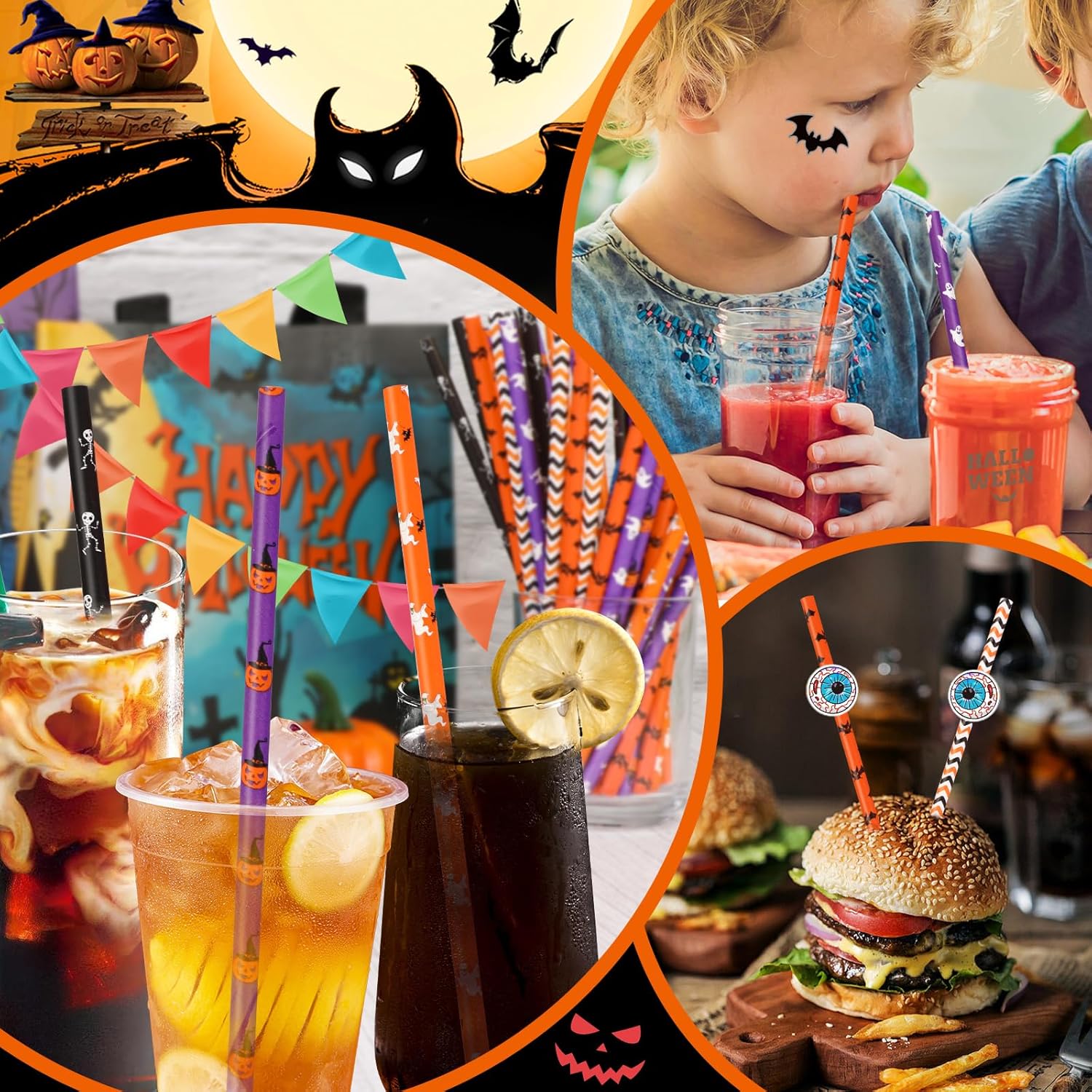 150 popotes de papel de Halloween, 6 estilos mixtos, pajitas desechables para fiestas de Halloween, suministros de decoración de fiesta de Halloween