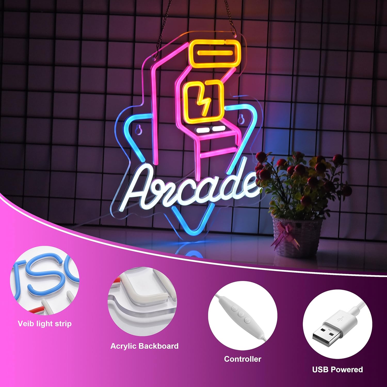 Letrero de neón Arcade para decoración de pared con interruptor regulable LED de neón