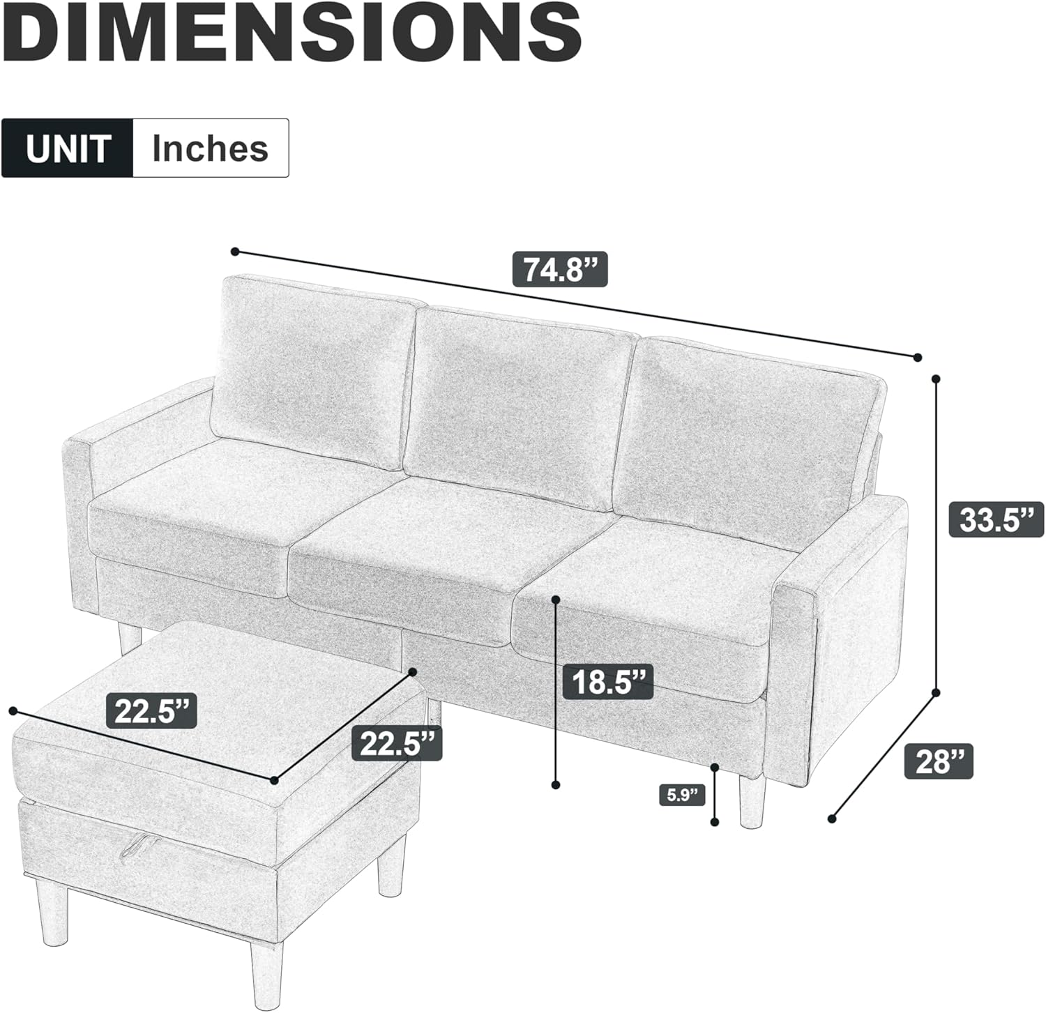 HAUSHECK Sofá modular convertible tapizado con banco otomano de almacenamiento reversible, juego de sofá pequeño en forma de L de 3 asientos para