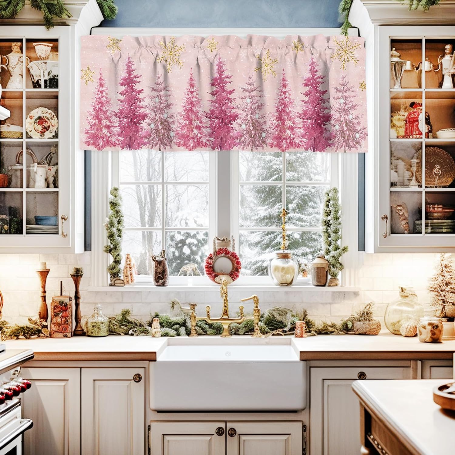Cortinas de árbol de Navidad rosas para ventanas de sala de estar, cortinas de copo de nieve de invierno y cenefas para dormitorio, cortinas de