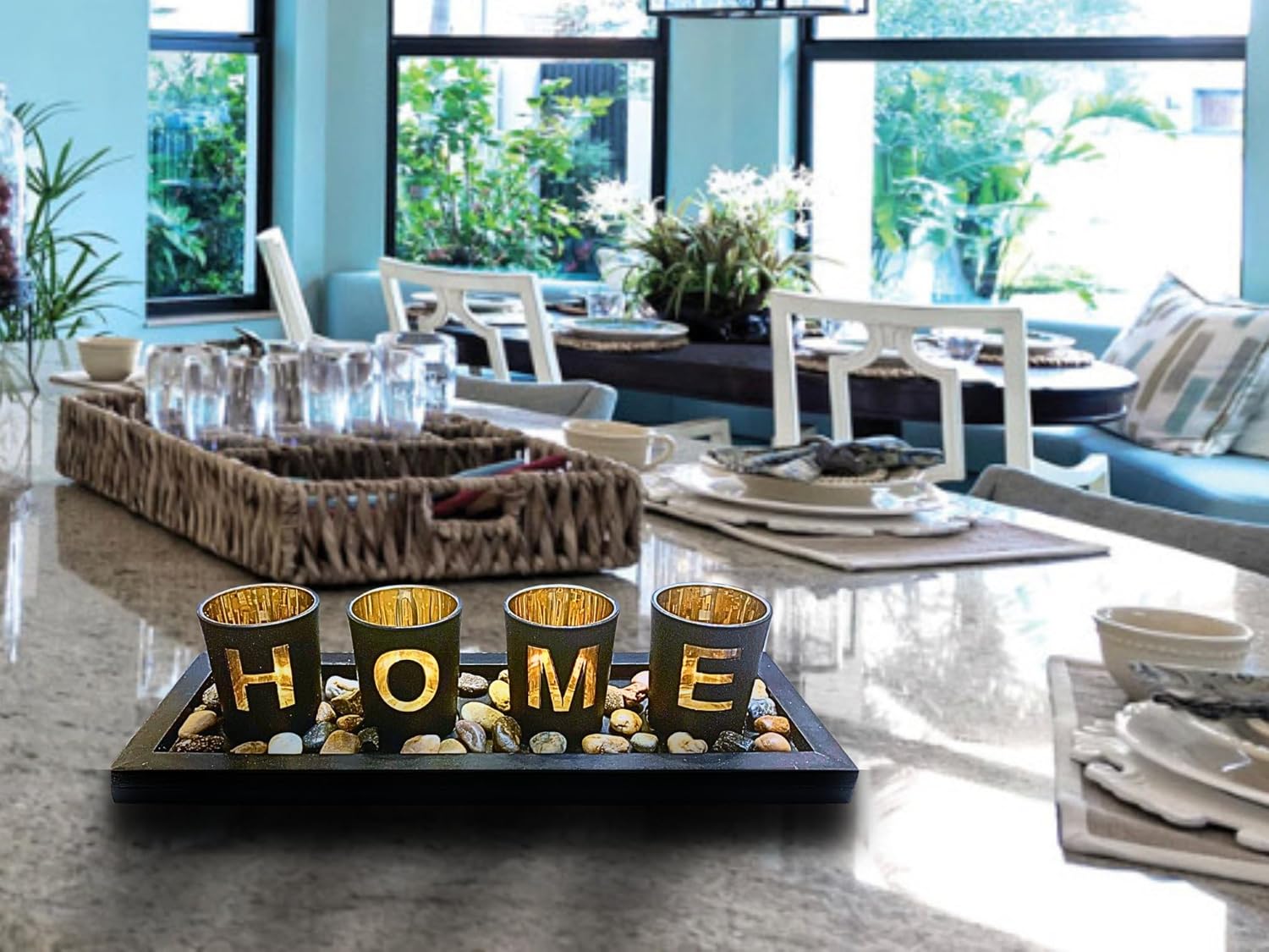 Centro de mesa decorativo para el hogar. El juego incluye 4 portavelas de cristal