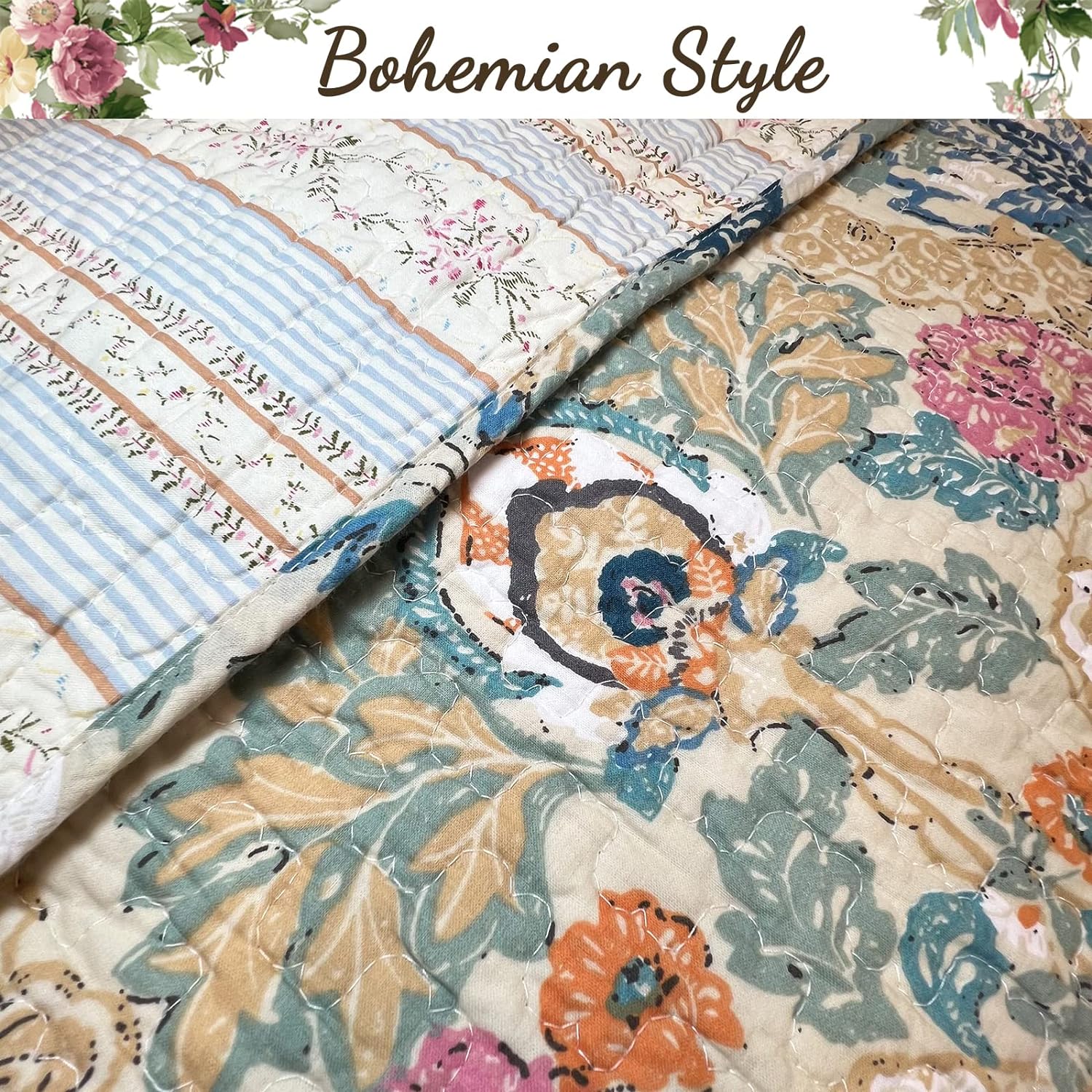 Cozy Line Home Fashions Juego de edredón clásico de lujo, 100% algodón, color beige, azul, floral, rosa, flores, estilo bohemio, colcha reversible