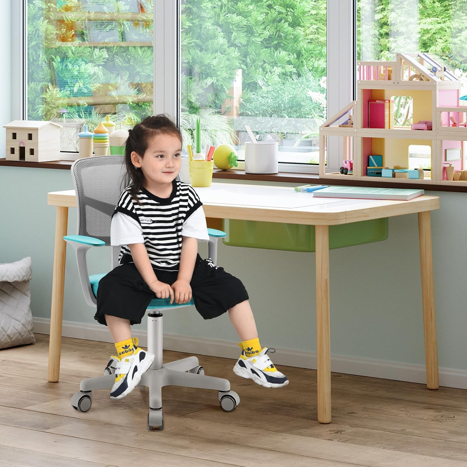 GLACER Silla de escritorio para niños con brazos, silla de estudio de malla ajustable de 330 libras con ruedas para niñas y niños, silla giratoria