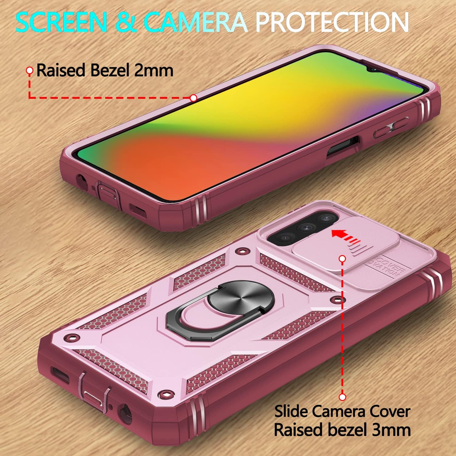 Funda para Samsung Galaxy A04S, Galaxy A13 5G con 3 protectores de pantalla de vidrio templado, soporte de anillo integrado + cubierta de cámara,