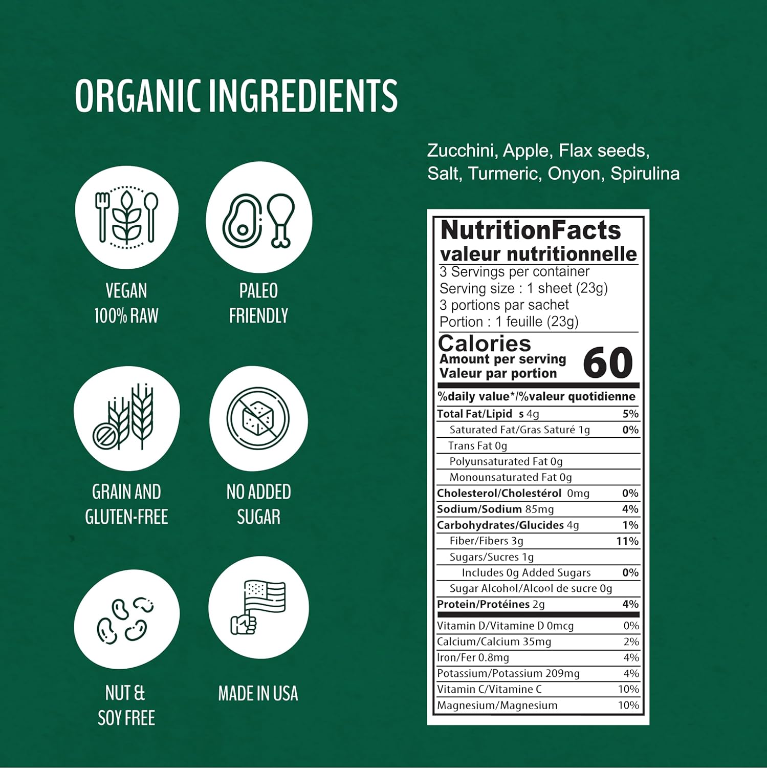 Wraw P Organic Mini Veggie Wraps – SPIRULINA (paquete de 4) ESTABLES EN ESTANTE, todo natural, sin gluten, paleo, vegano crudo. Perfecto para