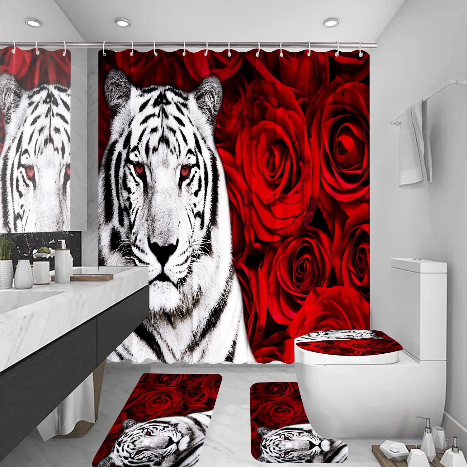 XVWJ Juego de cortinas de ducha de tigre rosa roja con alfombras, cubierta de tapa de inodoro y tapete de baño, cortina de ducha suave con ganchos,
