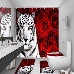 XVWJ Juego de cortinas de ducha de tigre rosa roja con alfombras, cubierta de tapa de inodoro y tapete de baño, cortina de ducha suave con ganchos, XVWJ Juego de cortinas de ducha de tigre rosa roja con alfombras, cubierta de tapa de inodoro y tapete de baño, cortina de ducha suave con ganchos,