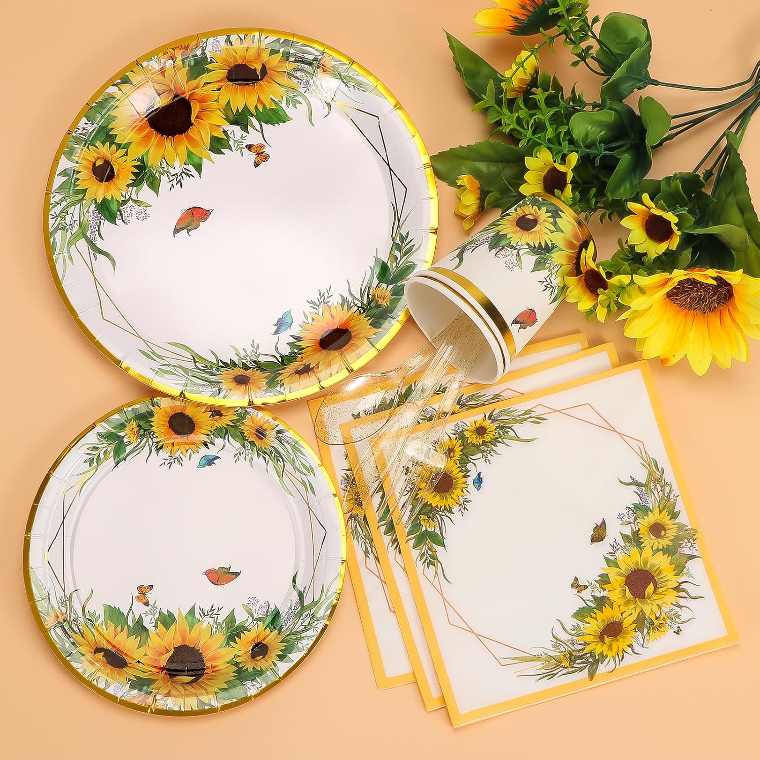 Suministros de fiesta de girasol, juego de platos y servilletas de girasol, platos desechables de girasol, tazas de fiesta, servilletas y cubiertos