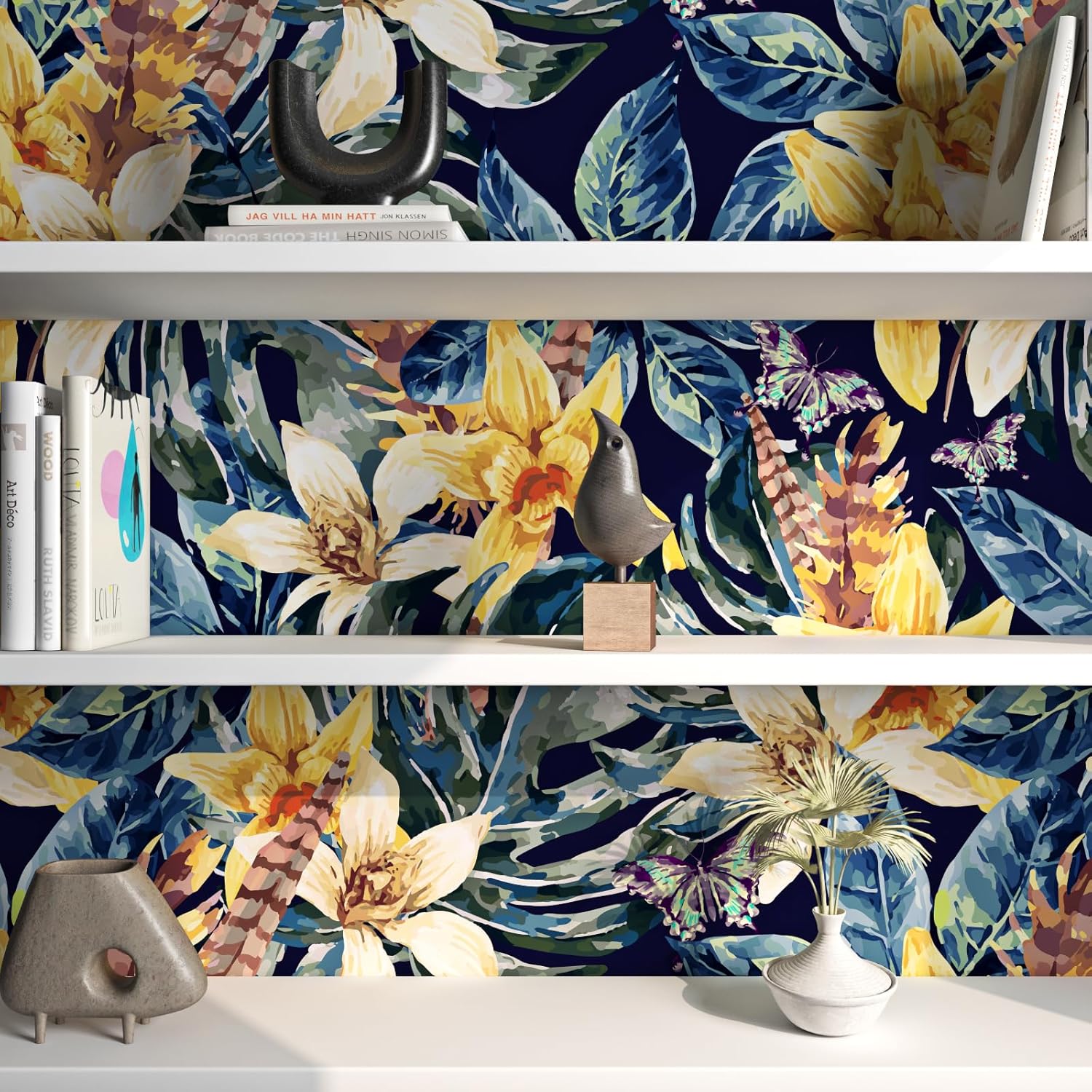 FunStick Papel tapiz floral azul marino oscuro de 17.5 x 354 pulgadas, despegar y pegar, papel tapiz floral vintage extraíble, papel adhesivo de