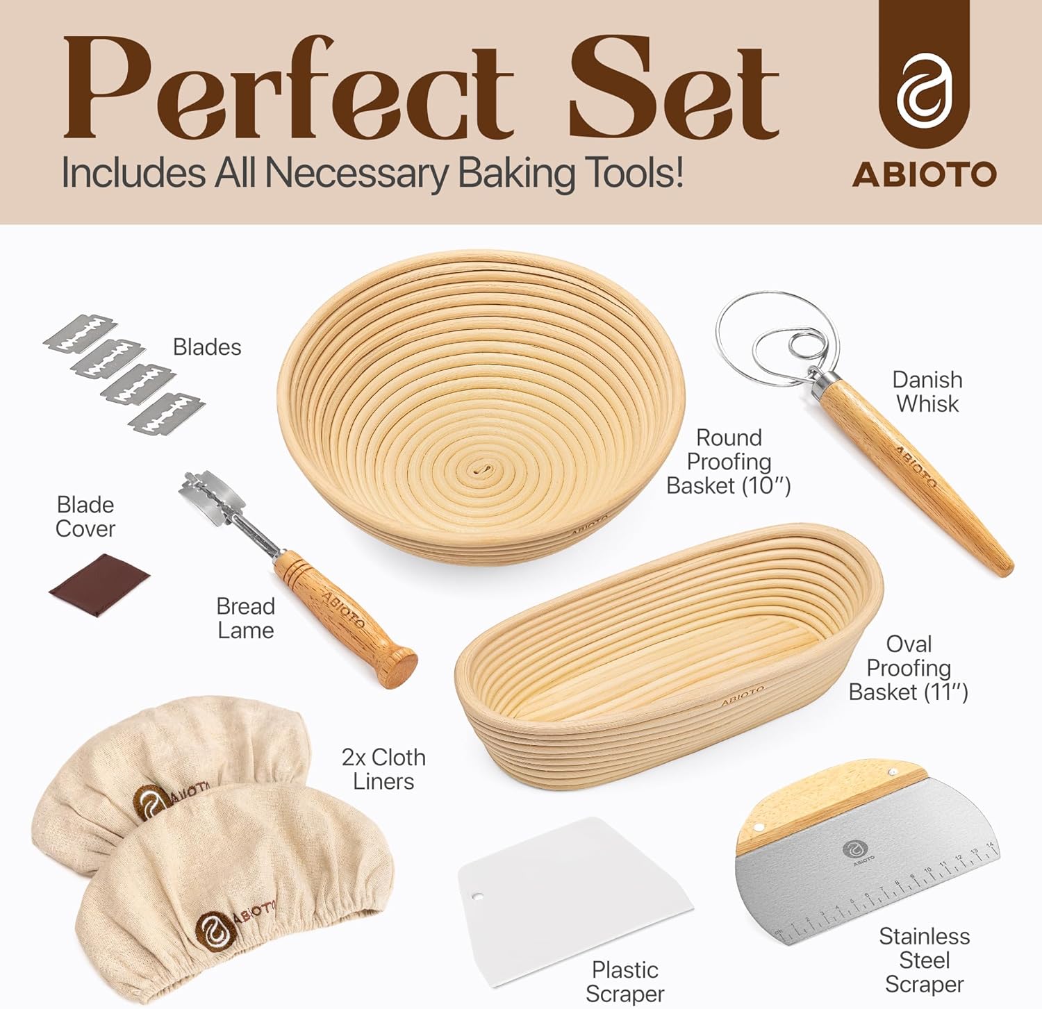 Suministros para hornear pan de masa madre y cestas de prueba, un kit completo para hacer pan que incluye bannetons redondos de ratán de 10 pulgadas