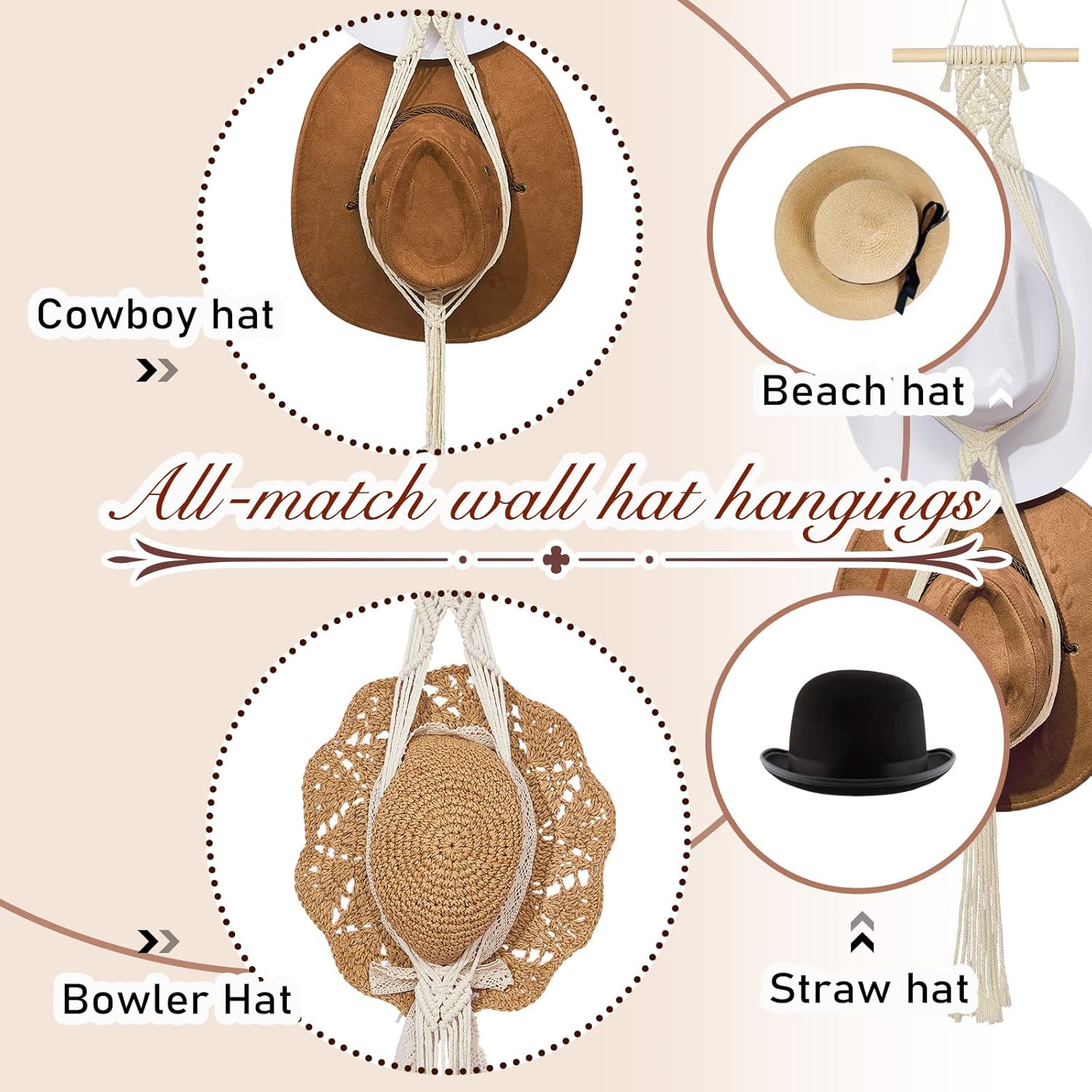 Perchas de macramé para sombreros, estilo bohemio, para colgar sombreros de vaquero, organizador para la parte trasera de la puerta (blanco, estilo
