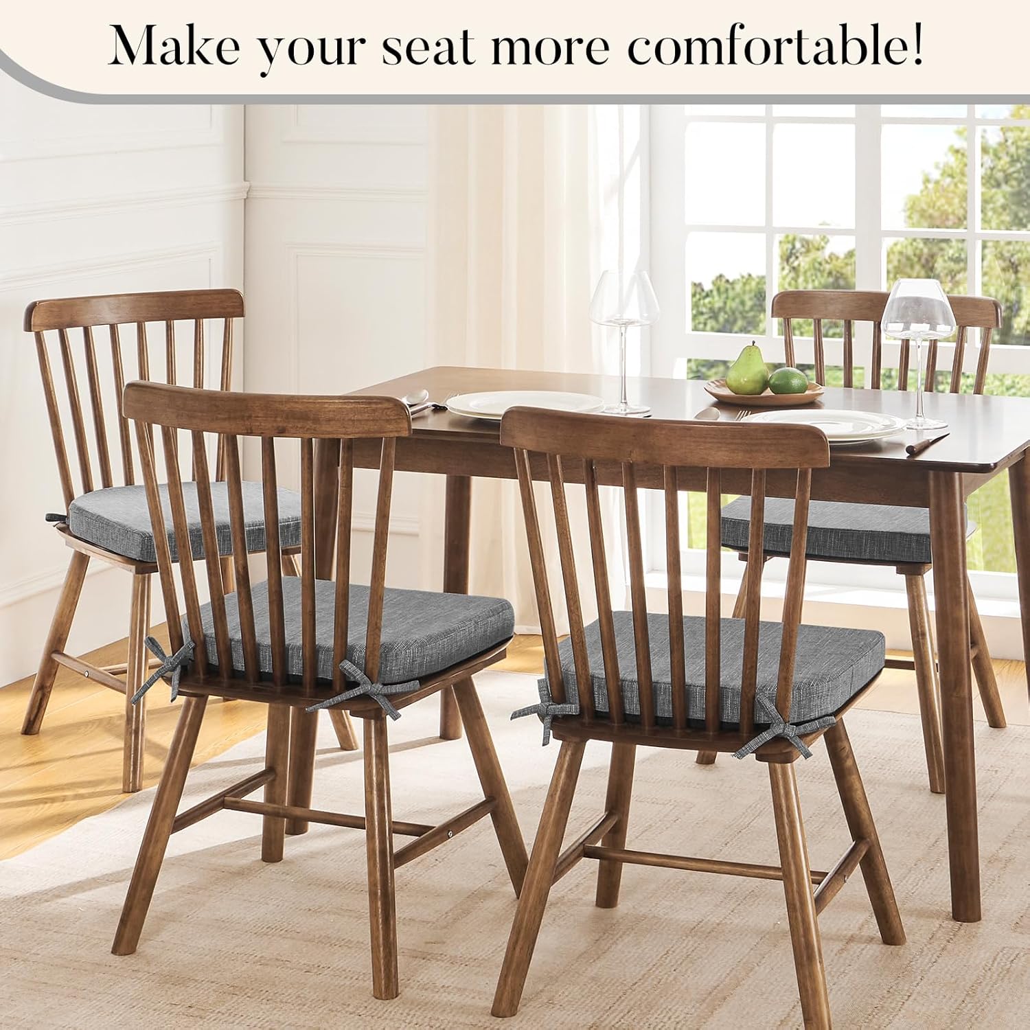 Basic Beyond Cojines para sillas de comedor, 6 unidades, cojines de espuma viscoelástica con lazos y respaldo antideslizante, almohadillas para