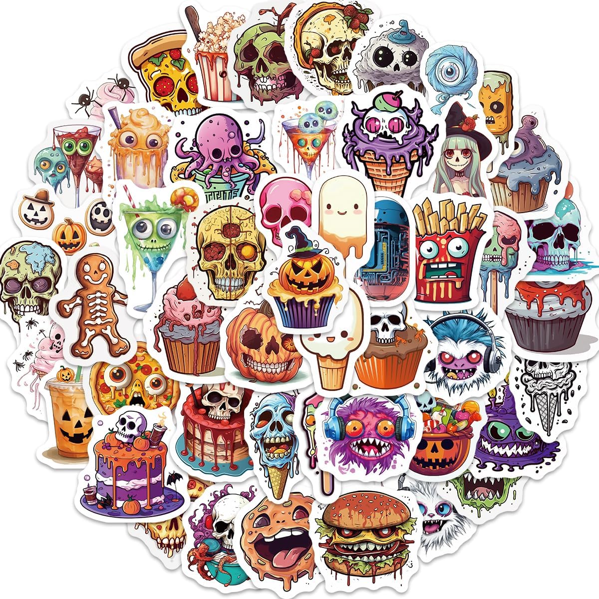 Paquete de 50 calcomanías de comida de Halloween, calcomanías de calavera de calabaza para adolescentes, niños y adultos, impermeables, regalos