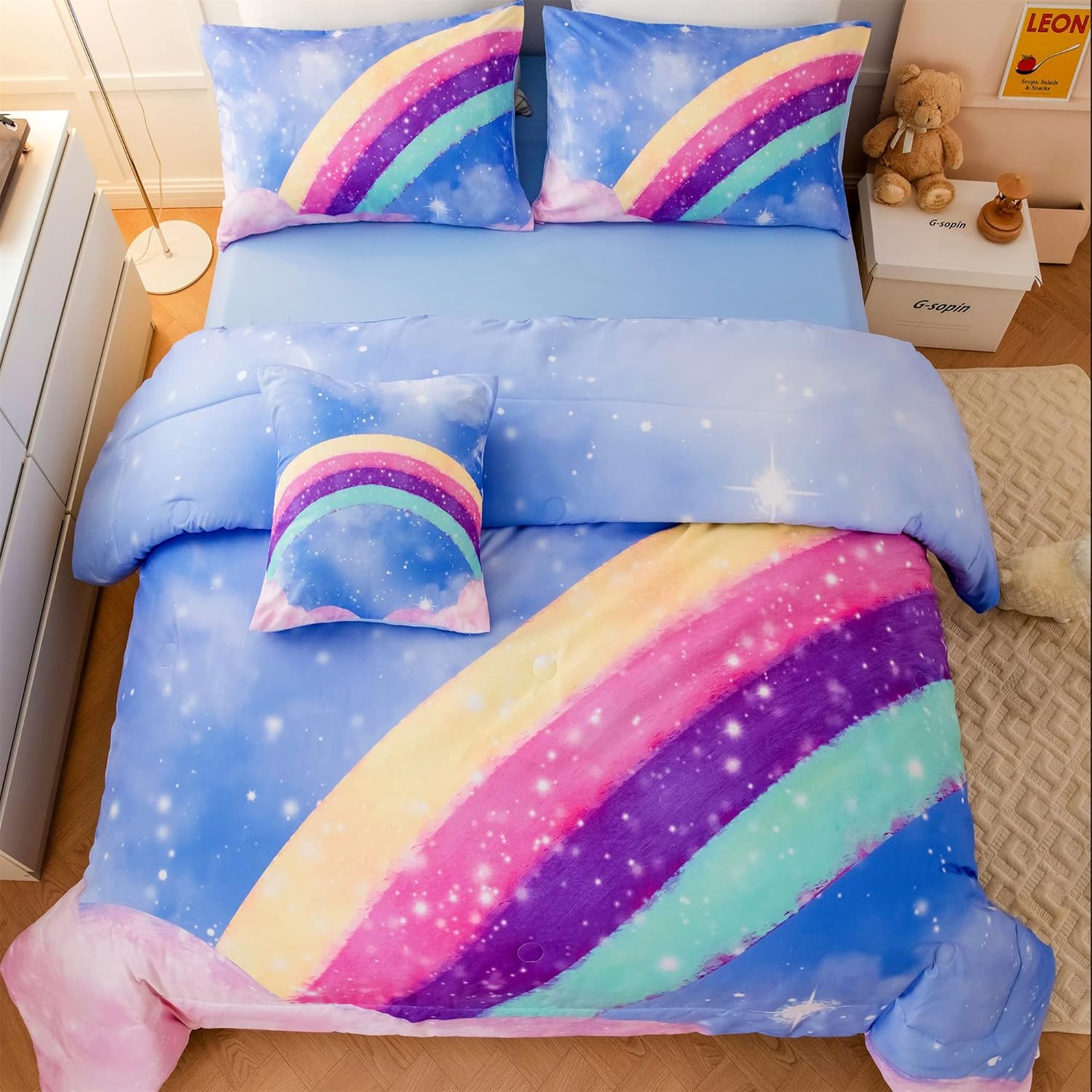 Juego de ropa de cama azul para niñas, juego de edredón de 6 piezas de arcoíris colorido para niñas, ropa de cama con purpurina degradado 3D en una