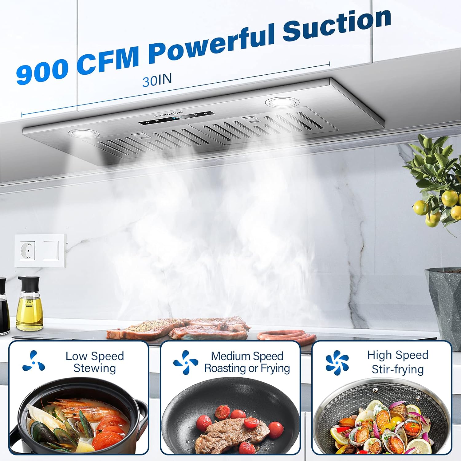 AMZCHEF Campana extractora de 30 pulgadas, campana extractora de acero inoxidable de 900 CFM, campana de ventilación integrada con ventilador de